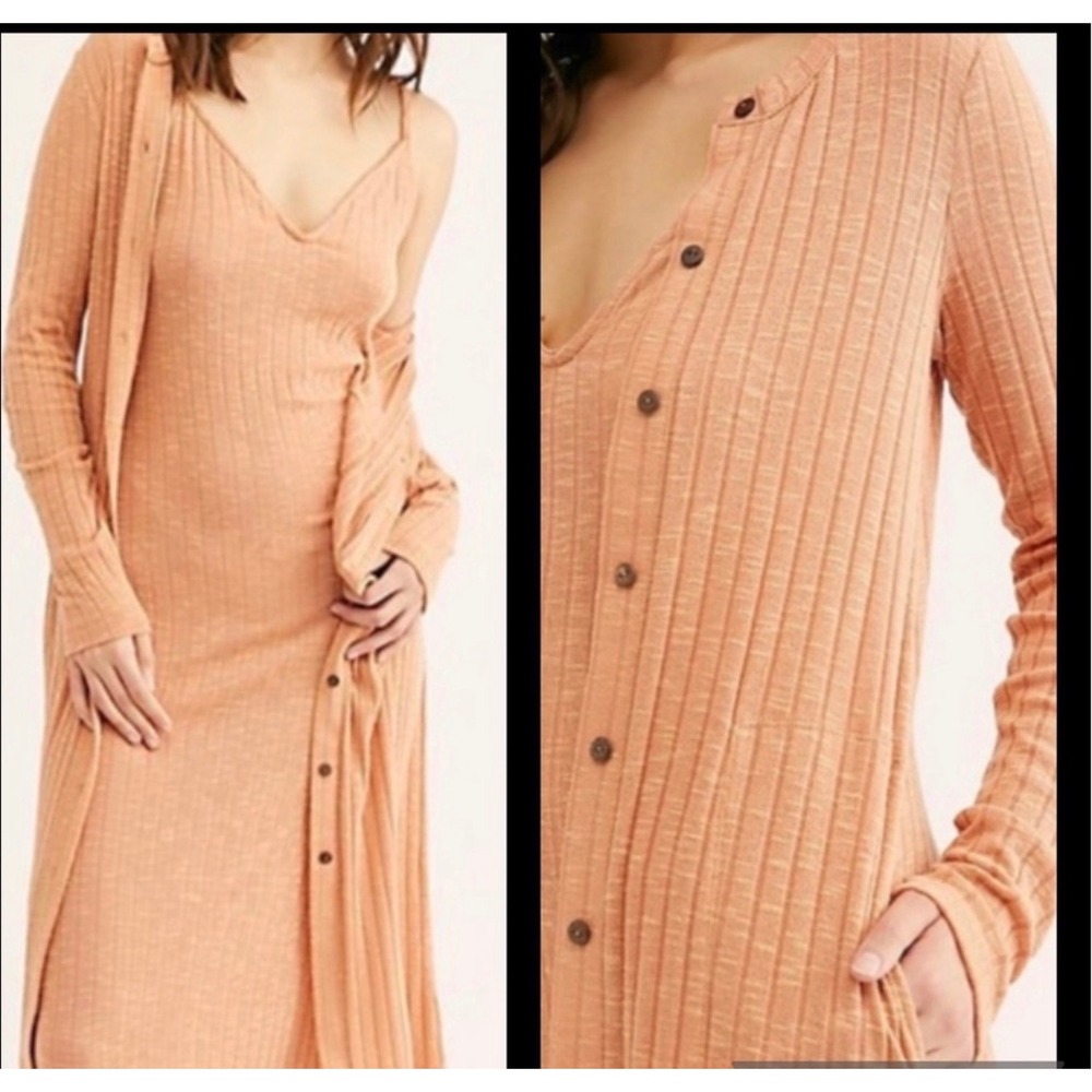 Free People FP Beach Ribbed Maxi Dress and Longline Cardigan Set Orange Large